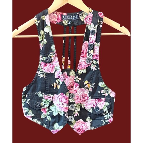 Y2K Vintage Last Kiss Floral Button Vest Black Pink Rose Print Y2K Boho Large - Picture 1 of 8